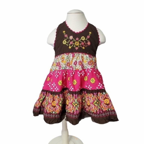 Blueberi Boulevard floral Summer Halter dress Size 12M Cotton Brown Pink - Picture 1 of 9